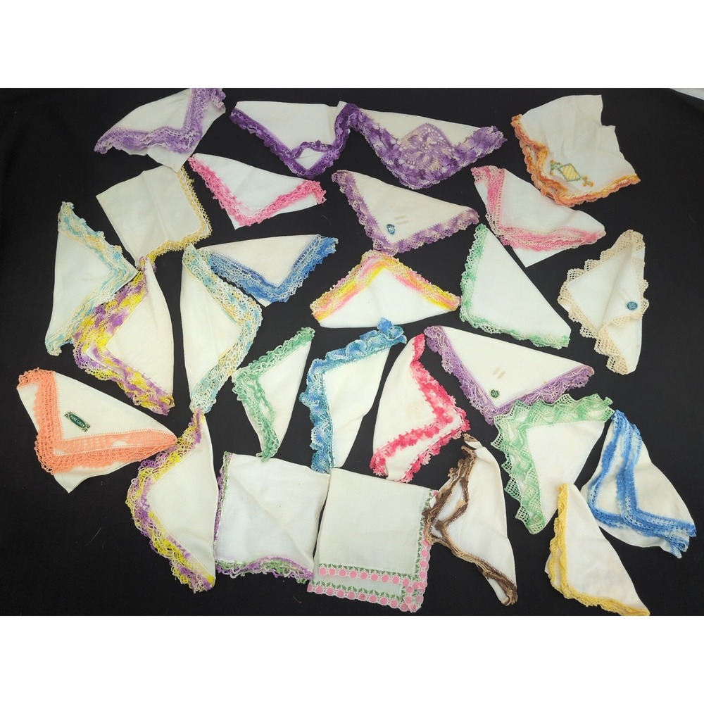 VTG Bundle Lot 27 Linen Napkins Multicolor  Crochet Lace Edge Cottagecore Craft